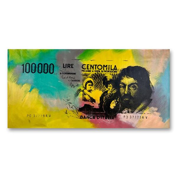Steve Kaufman (1960-2010) "100000 Lire Centomila" Original Mixed Media on Canvas