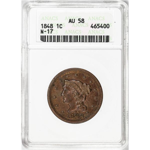 1848 N-17 Coronet Head Large Cent Coin ANACS AU58