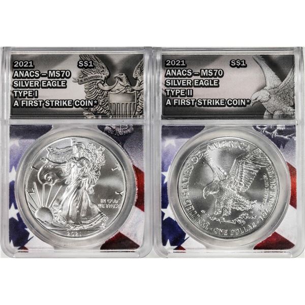 Lot of 2021 Type 1 & Type 2 $1 American Silver Eagle Coins ANACS MS70 First Strike