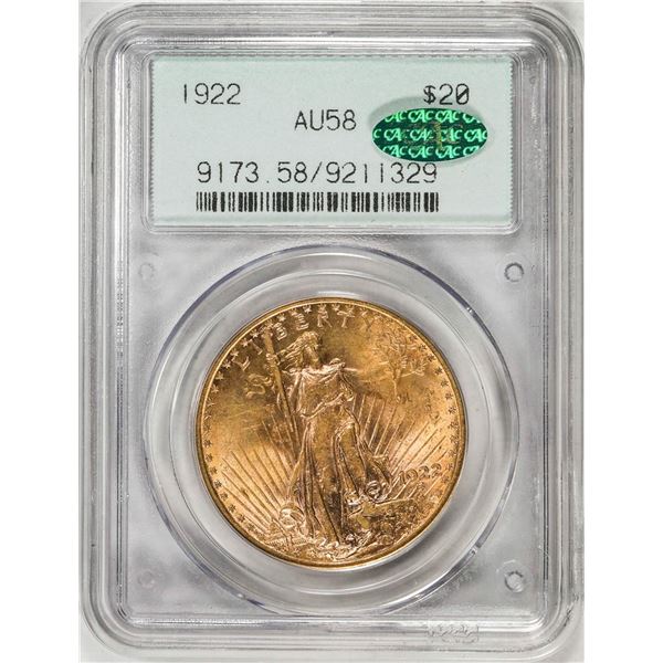 1922 $20 St. Gaudens Double Eagle Gold Coin PCGS AU58 CAC Old Green Label