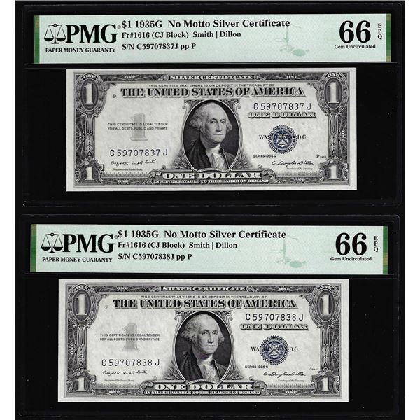 (2) Consecutive 1935G No Motto $1 Silver Certificate Notes PMG Gem Uncirculated 66EPQ