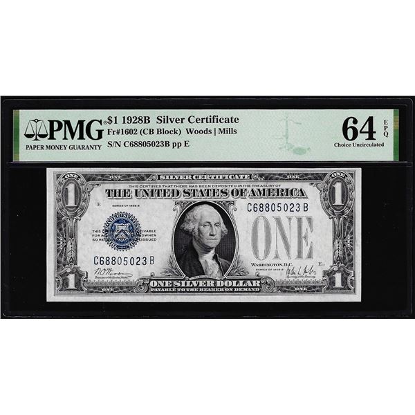 1928B $1 Funnyback Silver Certificate Note Fr.1602 PMG Choice Uncirculated 64EPQ