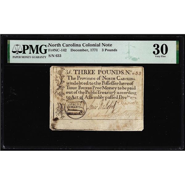1771 North Carolina 3 Pounds Colonial Note NC-142 PMG Very Fine 30 Magna Charta