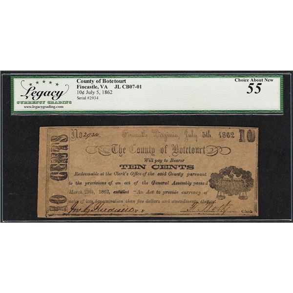 1862 Ten Cents County of Botetourt Fincastle, VA Obsolete Note Legacy Ch. About New 55