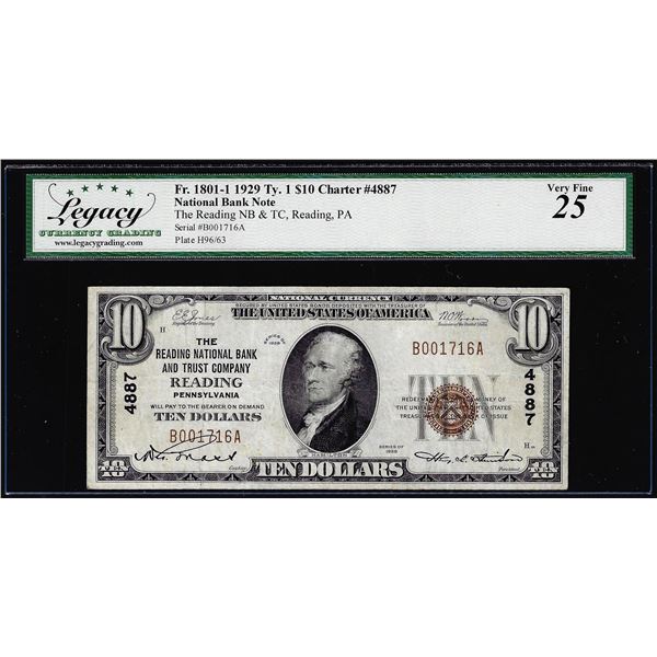 1929 $10 NB Reading, PA CH# 4887 Fr.1801-1 National Currency Note Legacy Very Fine 25