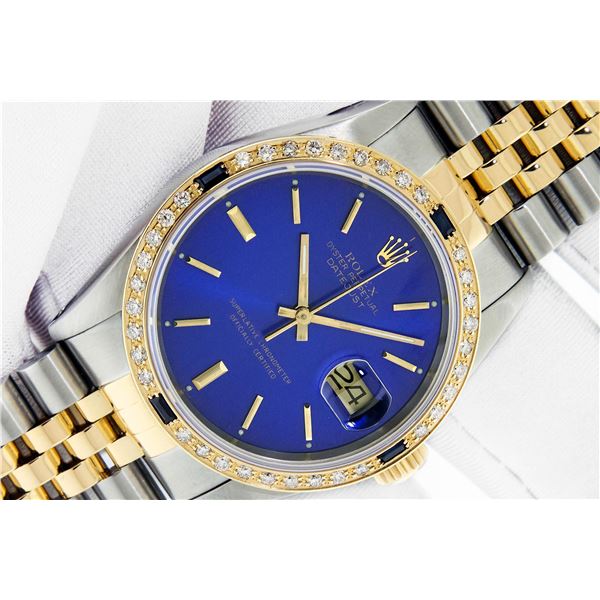 Rolex Men's Two Tone Sapphire And Diamond Datejust Watch with Box