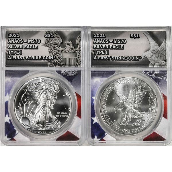 Lot of 2021 Type 1 & Type 2 $1 American Silver Eagle Coins ANACS MS70 First Strike