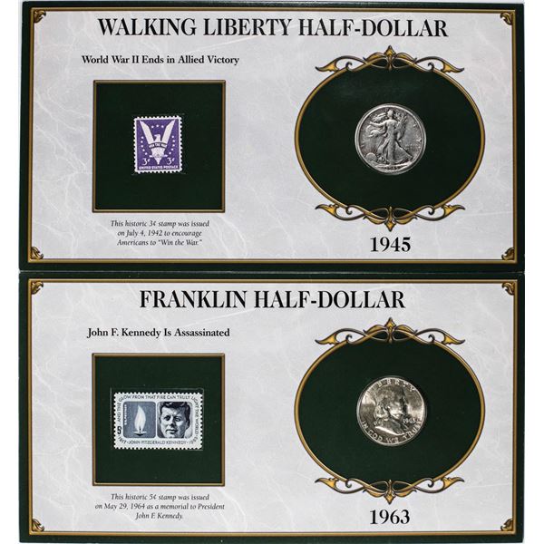 Lot of 1945-S Walking Liberty & 1963-D Franklin Half Dollar Coins and Stamp Panels