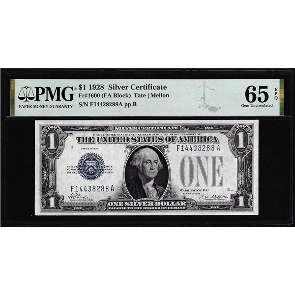 1928 $1 Funnyback Silver Certificate Note Fr.1600 PMG Gem Uncirculated 65EPQ