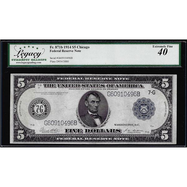 1914 $5 Federal Reserve Note Chicago Fr.871b Legacy Extremely Fine 40