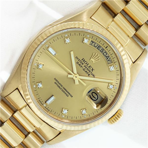 Rolex Men's 18K Yellow Gold Factory Diamond Dial Day Date President Wristwatch