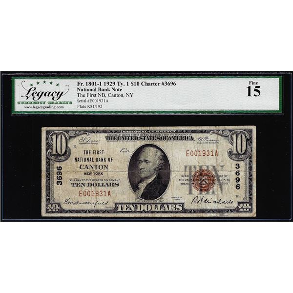1929 $10 First NB of Canton, NY CH# 3696 National Currency Note Legacy Fine 15