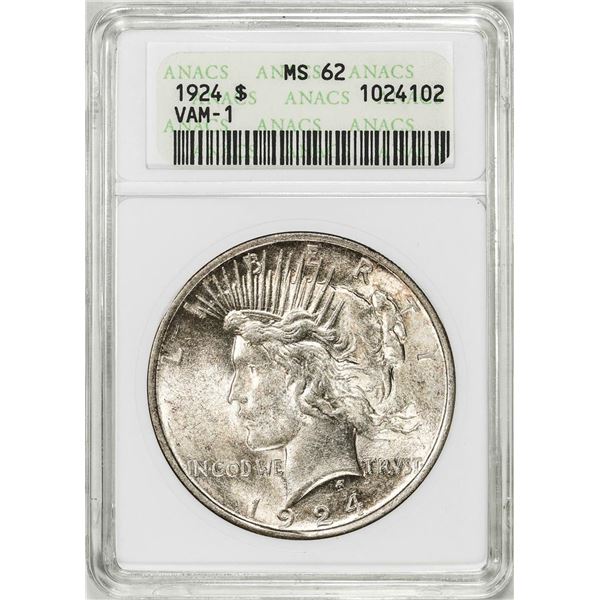 1924 VAM-1 $1 Peace Silver Dollar Coin ANACS MS62 Old Soap Box Holder