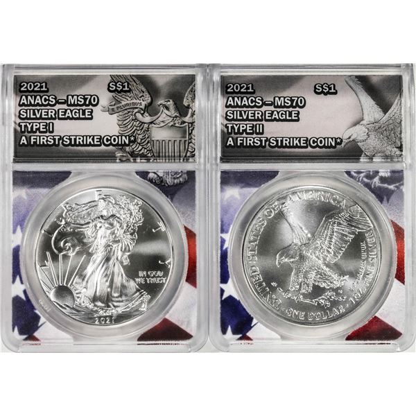 Lot of 2021 Type 1 & Type 2 $1 American Silver Eagle Coins ANACS MS70 First Strike
