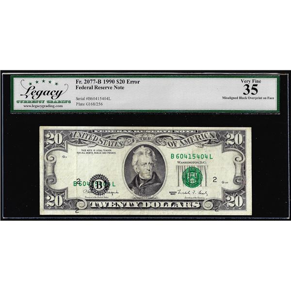1990 $20 Federal Reserve Note Misaligned Overprint Error Legacy Very Fine 35