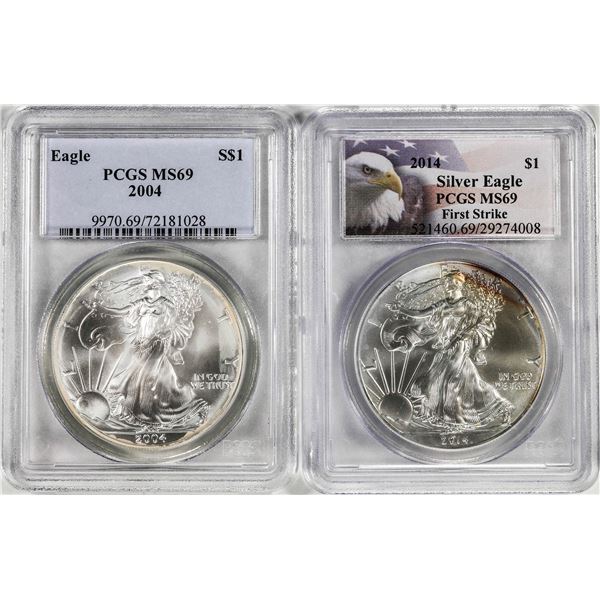 Lot of 2004 & 2014 $1 American Silver Eagle Coins PCGS MS69