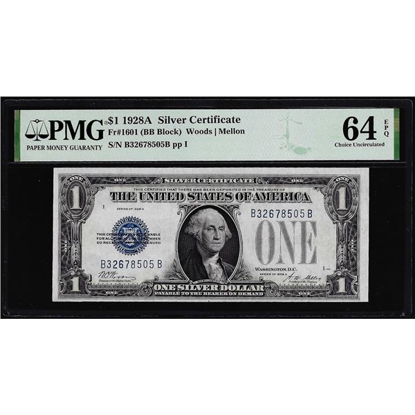 1928A $1 Funnyback Silver Certificate Note Fr.1601 PMG Choice Uncirculated 64EPQ