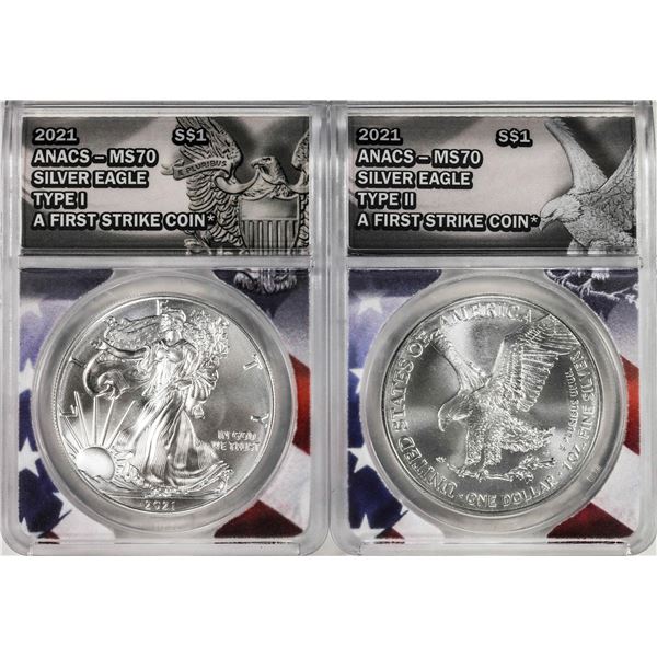 Lot of 2021 Type 1 & Type 2 $1 American Silver Eagle Coins ANACS MS70 First Strike