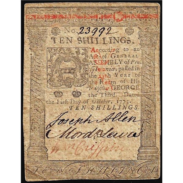 October 1, 1773 Pennsylvania Ten Shillings Colonial Currency Note