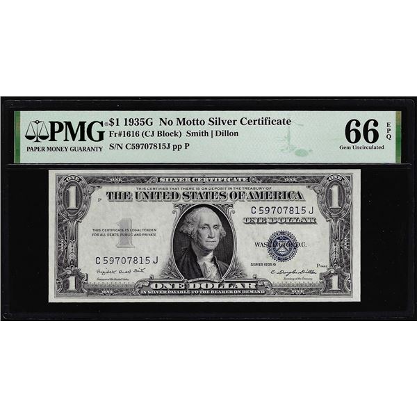 1935G No Motto $1 Silver Certificate Note Fr.1616 PMG Gem Uncirculated 66EPQ