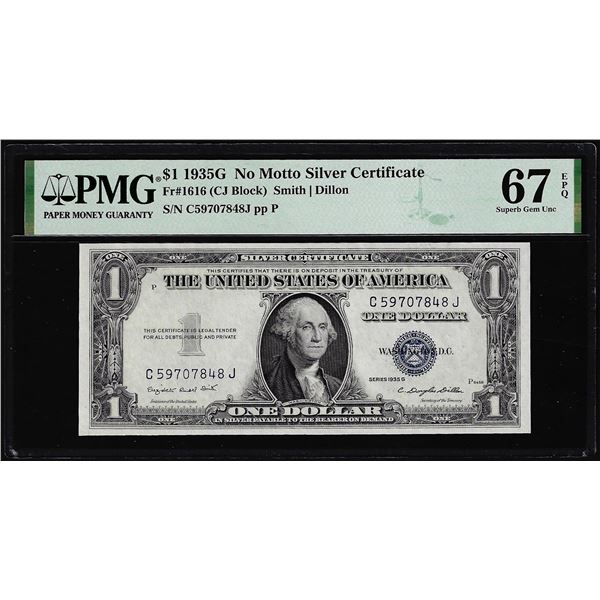 1935G No Motto Silver Certificate Note Fr.1616 PMG Superb Gem Uncirculated 67EPQ