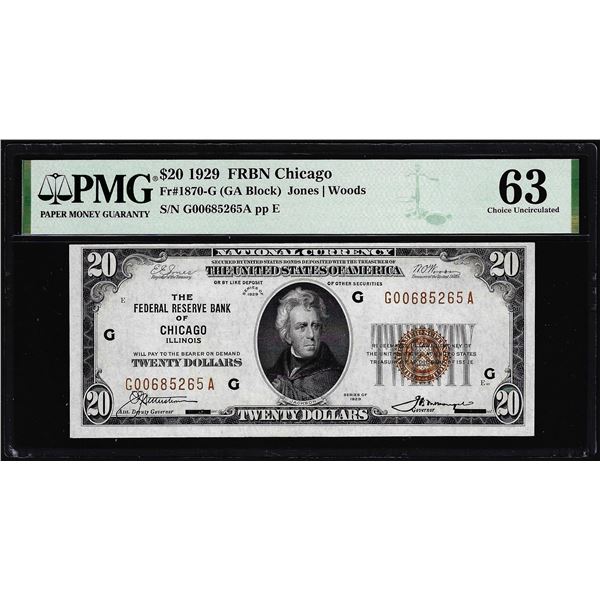 1929 $20 Federal Reserve Note Chicago Fr.1870-G PMG Choice Uncirculated 63