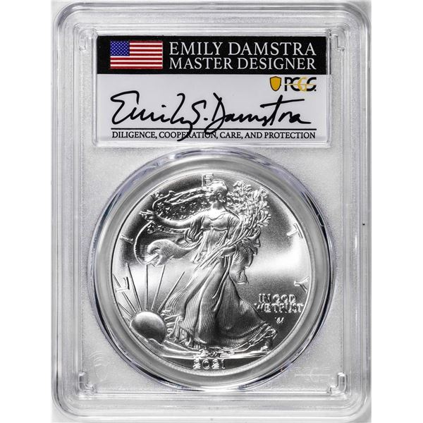 2021 Type 2 $1 American Silver Eagle Coin PCGS MS70 Damstra Signature First Strike