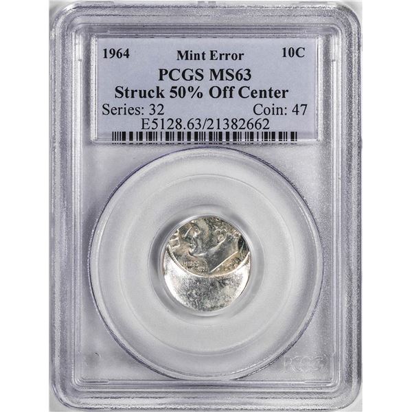 1964 Roosevelt Dime Coin Mint ERROR Struck 50% Off Center PCGS MS63