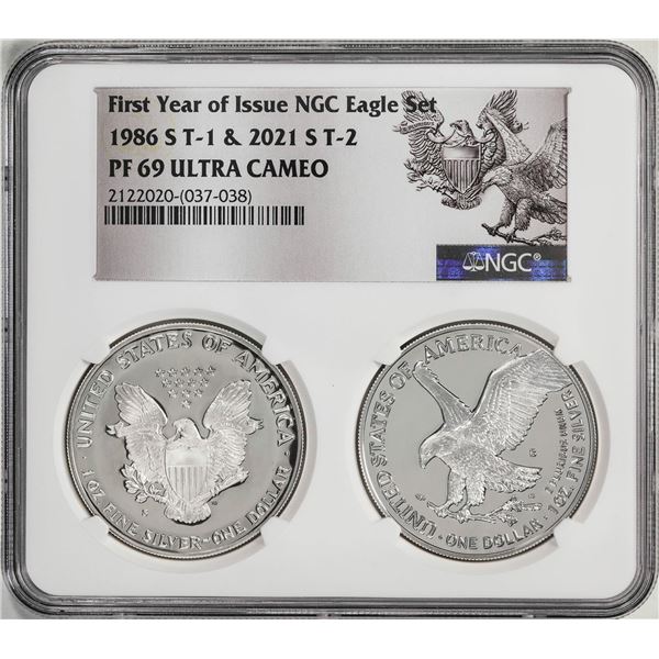 1986-S & 2021-S First Year of Issue $1 Proof Silver Eagle Coin Set NGC PF69 Ultra Cameo