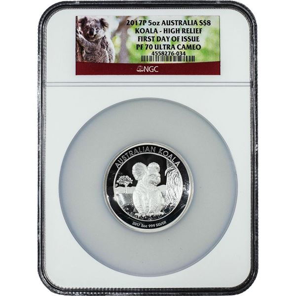 2017-P Australia $8 Proof Koala 5oz Silver Coin High Relief NGC PF70 Ultra Cameo FDOI