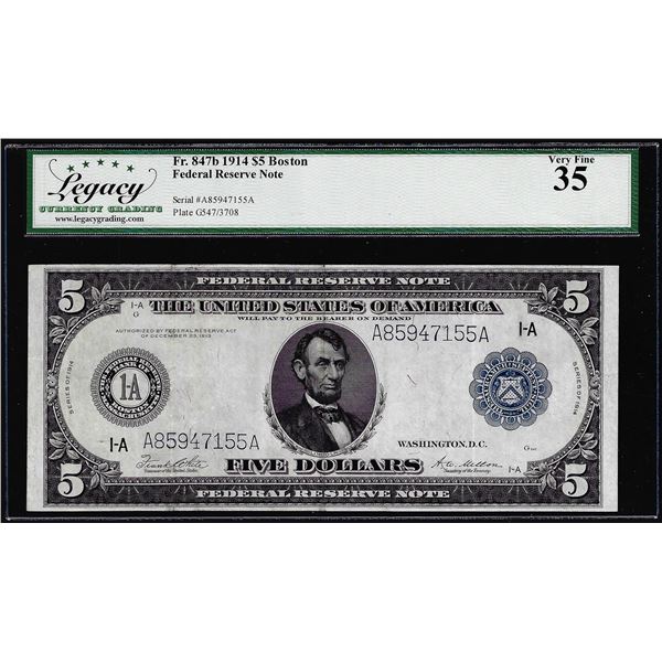 1914 $5 Federal Reserve Note Boston Fr.847b Legacy Very Fine 30