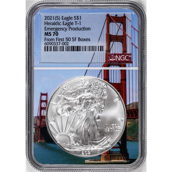 2021-(S) Type 1 $1 American Silver Eagle Coin NGC MS70 From First 50 SF Boxes