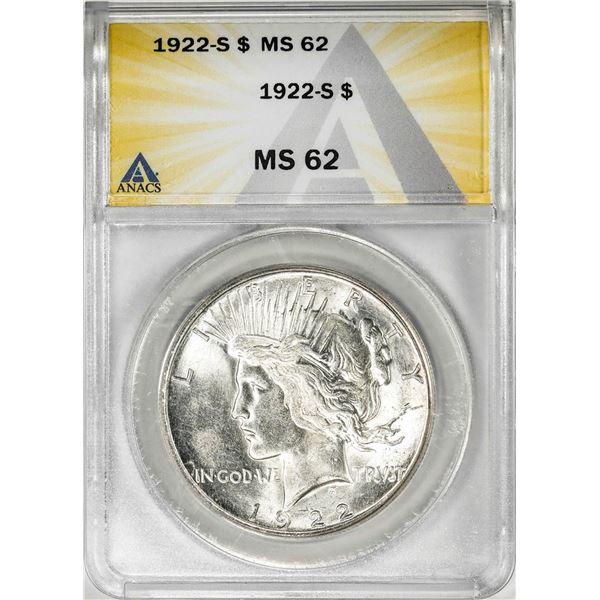 1922-S $1 Peace Silver Dollar Coin ANACS MS62
