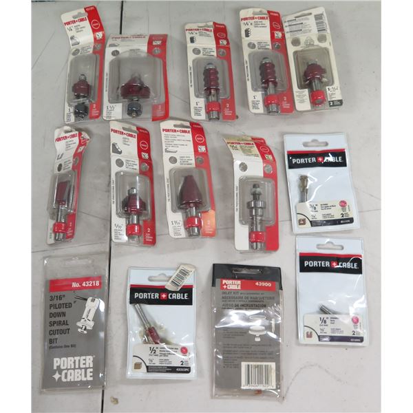 Qty 14 Porter Cable 43218 Spiral Cut Out Bits, 43253PC Laminate Trimming Bits, etc