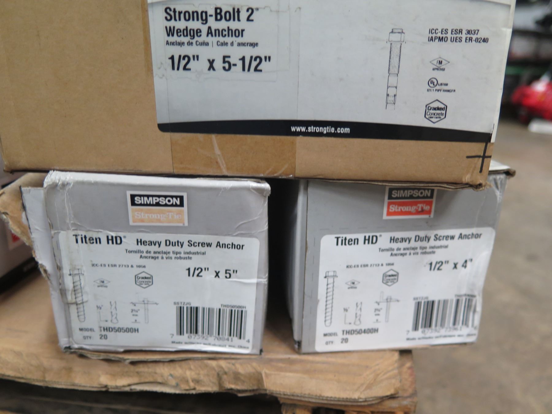 Multiple Boxes Simpson Strong Tie Wedge Anchors, Titan Screw Anchors, etc
