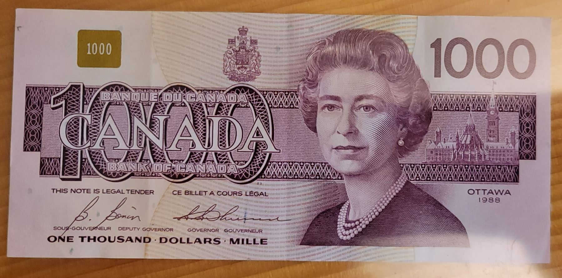 One 1988 Canadian One Thousand Dollar Bill One 1988 canadian one thousand dollar bill