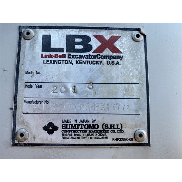 2018 LINK BELT 80X3 SPIN ACE Excavator - J.M. Wood Auction Company