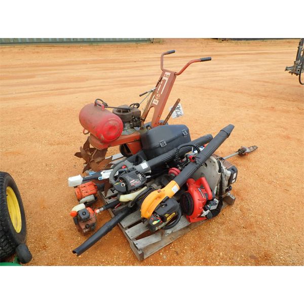 MISC LAWN EQUIPMENT, BLOWERS, TRIMMERS, CHAINSAW, TILLER, AIR TANK