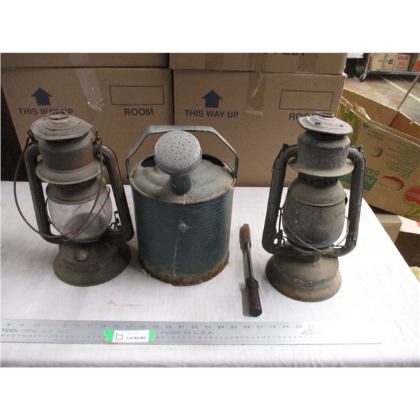(2) Barn lanterns, watering can, misc