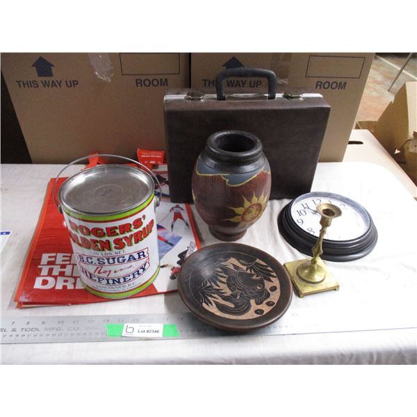 clock, vase, tape case, misc