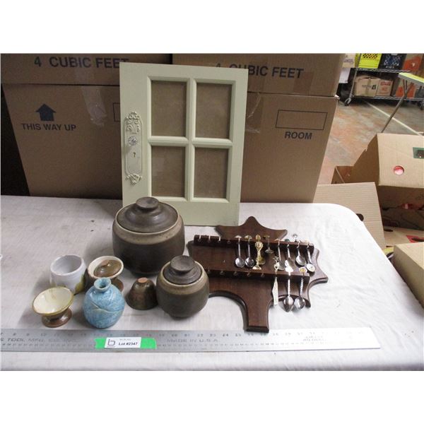 Pottery items, spoon rack, picture frame