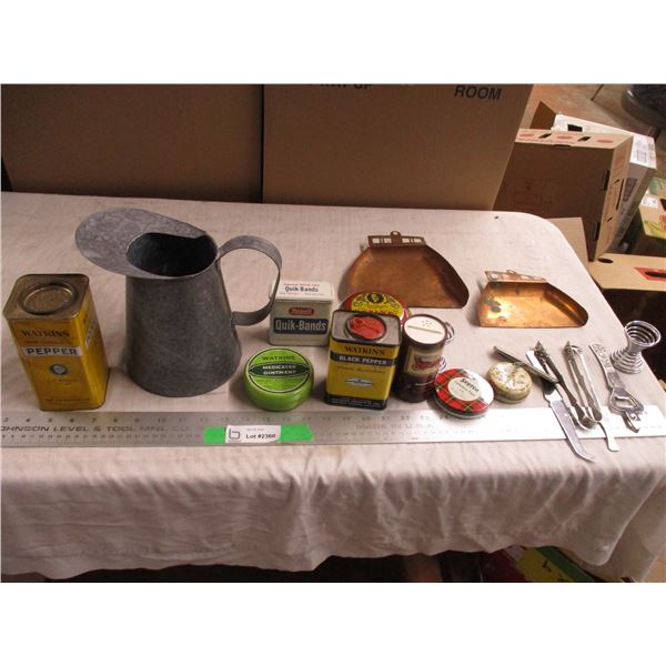 Tins, (2) copper dust pans, bartender set, etc