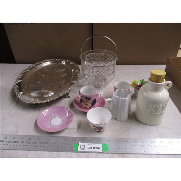 Musical jug + misc glassware, serving platter