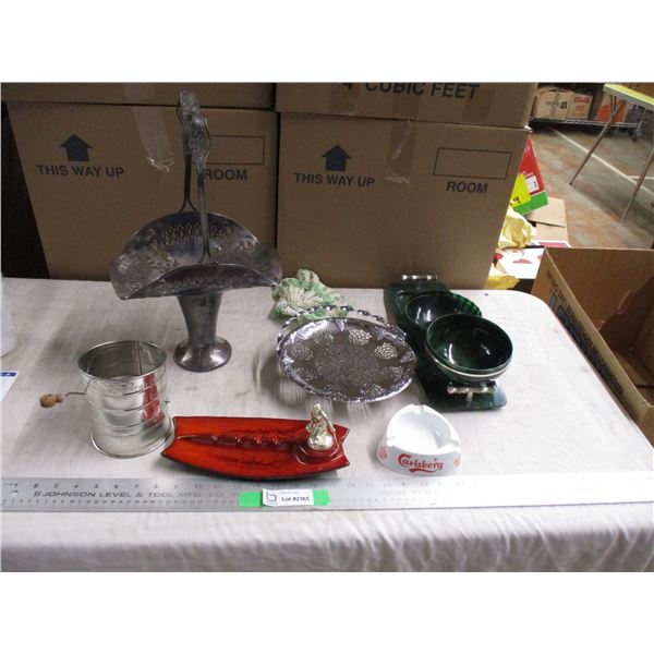 Trophy ashtray, serving tray, flour sifter, misc