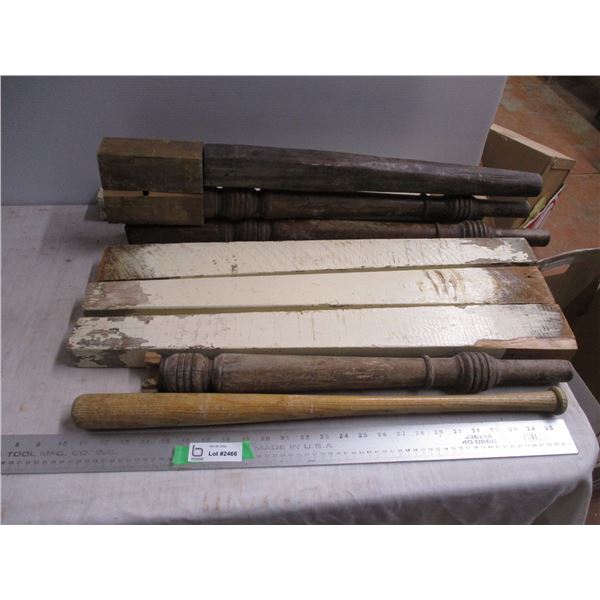 *Box of wooden items, small kids bat, table legs