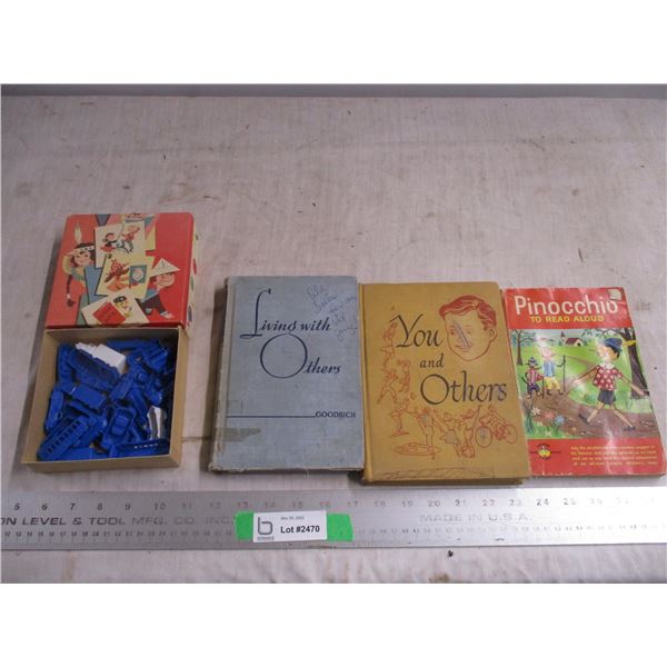 plastic cars + trucks (reliable) in vintage box + readers