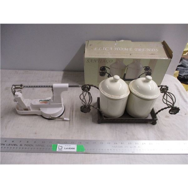 Canisters with metal base with apple peeler
