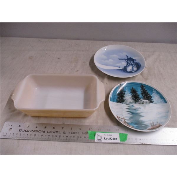 Fire King dish with old dutch plate, misc