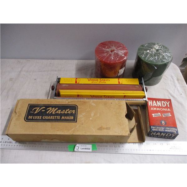 V-master cigarette maker, misc candles