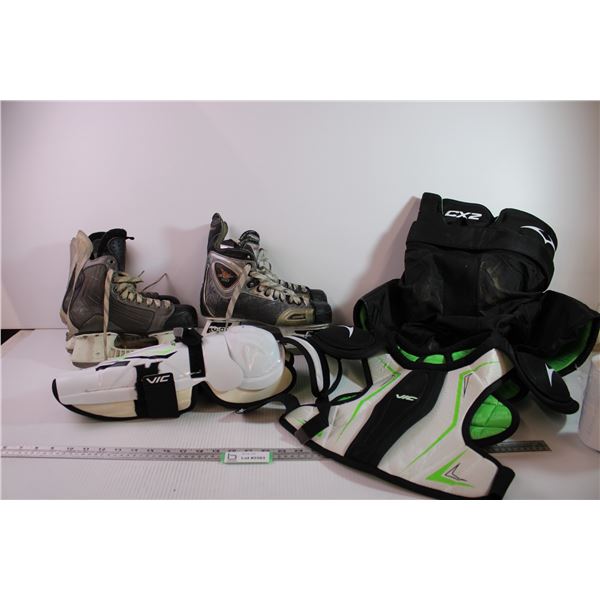 Kids’ Large Hockey Pads + (2)Pairs of Skates (Size 6 EE and 7?)